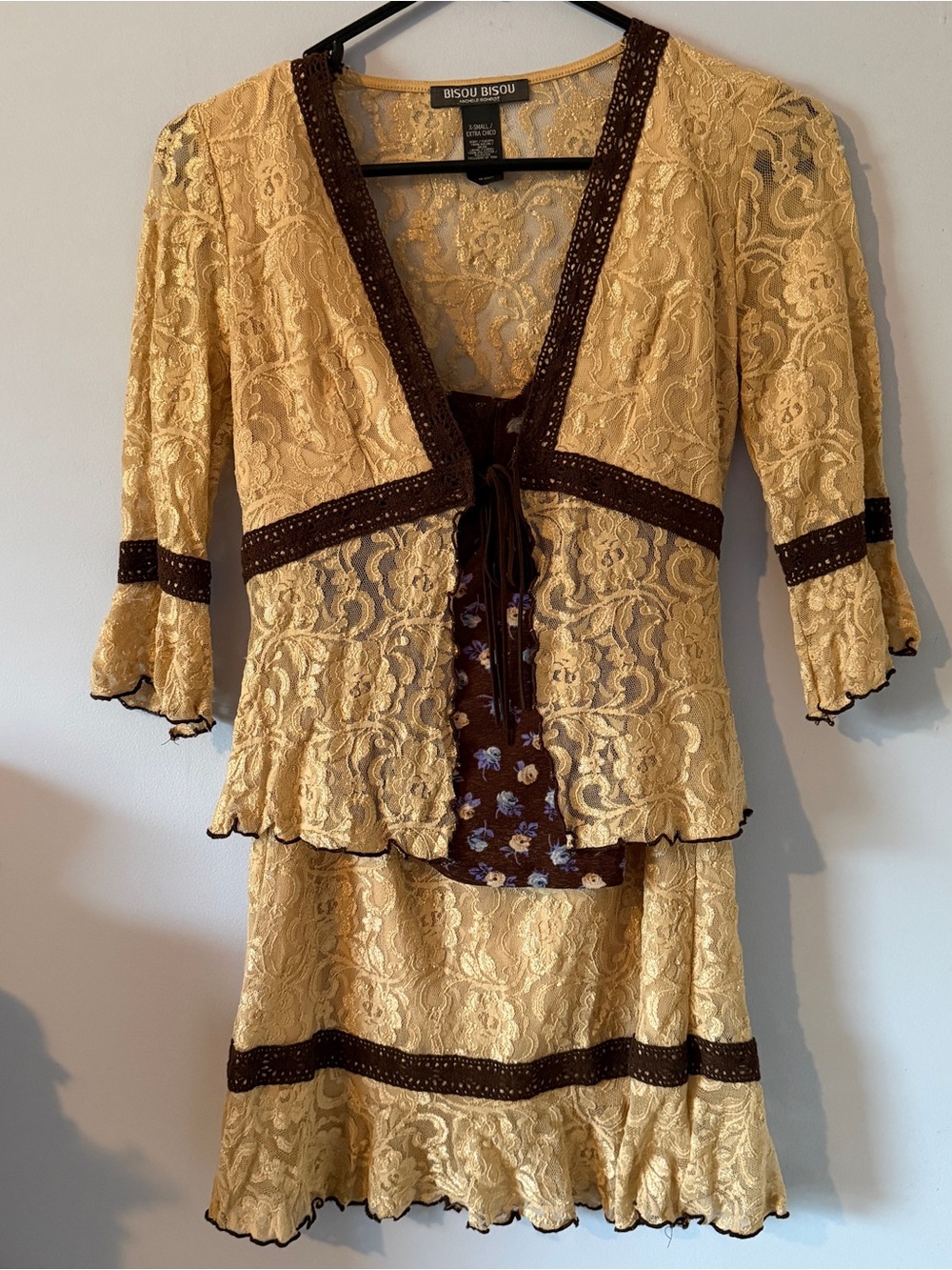 Bisou Bisou Beige Lace Skirt Set with Brown Trim and Floral Cami